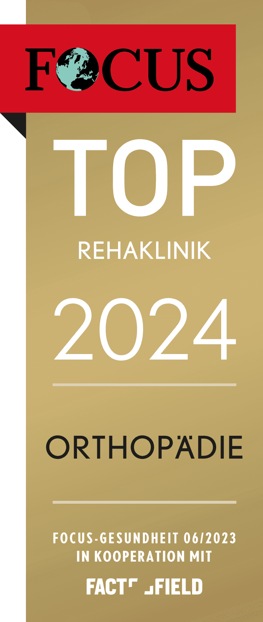 Focus-Siegel der Rehaklinik Hohenelse für das Jahr 2024 als TOP Rehaklinik im Bereich Orthopädie